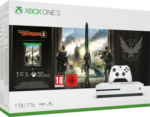 Xbox One S 1 TB console met The Division 2, wit, doos voorkant, nieuw in verpakking
