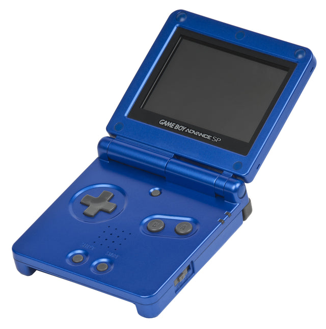 Nintendo Game Boy Advance SP console, donker blauw, opengeklapt, tweedehands