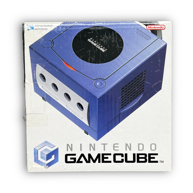 Nintendo GameCube console, paars, doos voorkant, tweedehands