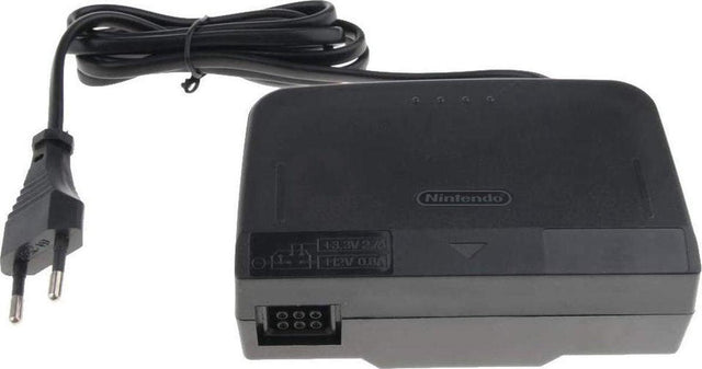 Nintendo 64 netadapter, zwart, met eurostekker, voorkant, tweedehands