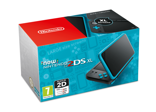 Nintendo New 2DS XL console, zwart met turquoise, doos voorkant