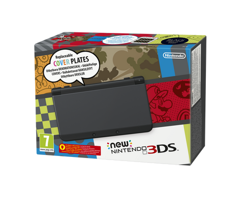 Nintendo New 3DS console, zwart, doos voorkant, tweedehands