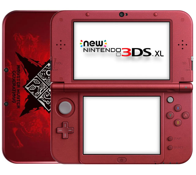 Nintendo New 3DS XL console Monster Hunter Generations Edition, rood, opengeklapt met bedrukte achterkant, tweedehands