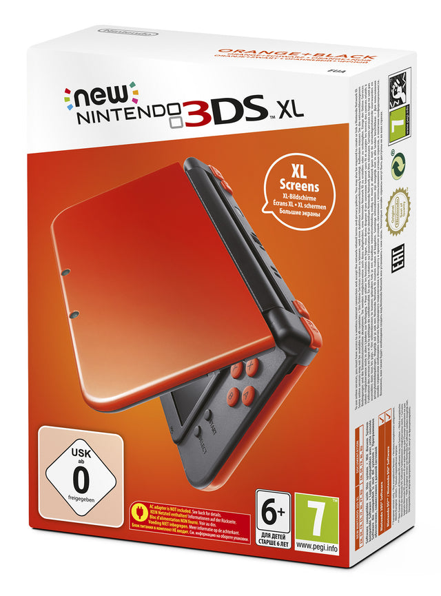 Nintendo New 3DS XL console, oranje-zwart, doos voorkant, tweedehands