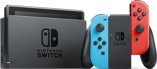 Nintendo Switch console set blauw en rood, console in dock met Joy-Cons in de grip, voorkant, tweedehands
