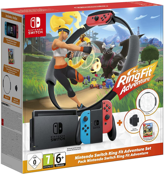 Nintendo Switch console set V2, blauw-rood, Ring Fit Adventure bundel, doos voorkant