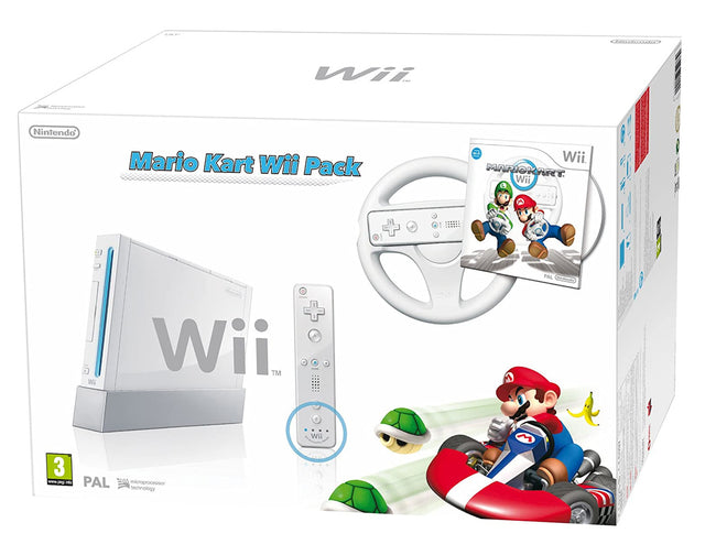 Nintendo Wii console, wit, Mario Kart Wii bundel, doos voorkant, tweedehands