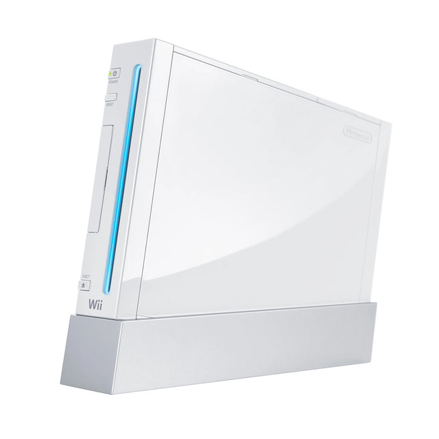 Nintendo Wii console, wit, staand op standaard, voorkant, tweedehands
