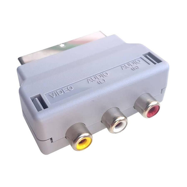 Nintendo Wii SCART-adapter met tulpaansluitingen, grijs, schuin van voren, tweedehands