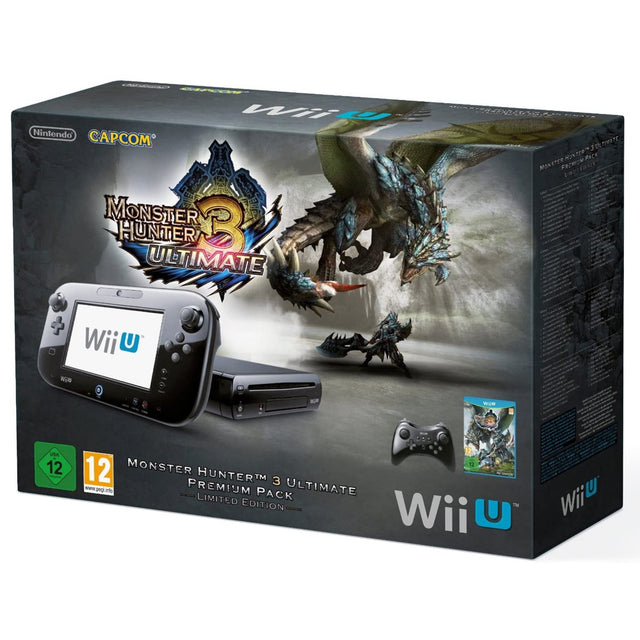 Nintendo Wii U Premium console met GamePad, zwart, Monster Hunter 3 Ultimate bundel, doos voorkant, tweedehands