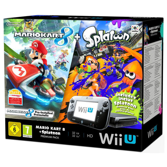 Nintendo Wii U Premium console met GamePad, zwart, Mario Kart 8 en Splatoon bundel, doos voorkant, tweedehands
