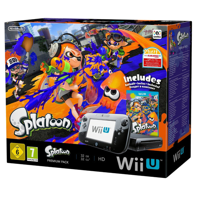 Nintendo Wii U Premium console met GamePad, zwart, Splatoon bundel, doos voorkant, tweedehands