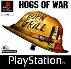 PlayStation 1 Hogs of War van Infogrames, PAL-hoes met een legerhelm met de tekst Born to Grill, tweedehands