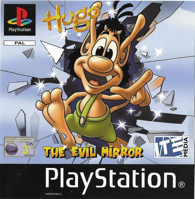 PlayStation 1 Hugo The Evil Mirror van ITE Media, PAL-hoes met Hugo die door een spiegel springt, tweedehands