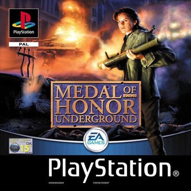 PlayStation 1 Medal of Honor Underground, doos voorkant met Brits ELSPA-label, tweedehands