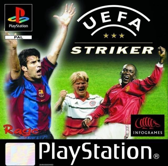 PlayStation 1 UEFA Striker van Infogrames, PAL doos voorkant met juichende voetballers, tweedehands