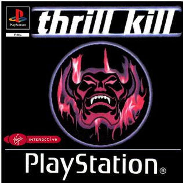 PlayStation 1 Thrill Kill, doos voorkant met een roze duivelskop in een cirkel, tweedehands