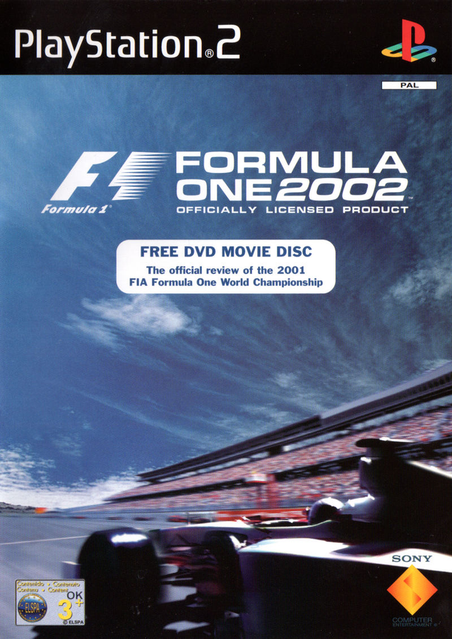 PlayStation 2 Formula One 2002, doos voorkant met een F1-auto op het circuit en een DVD-sticker, tweedehands