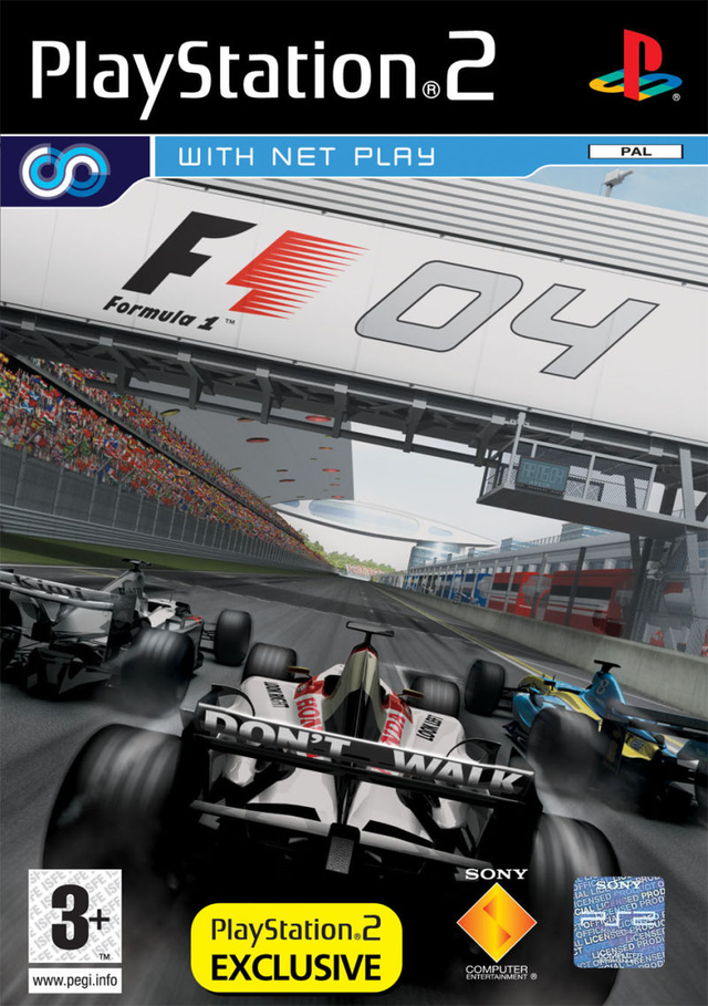 PlayStation 2 Formula One 2004, doos voorkant met het F1 04-logo en raceauto's op de baan, tweedehands
