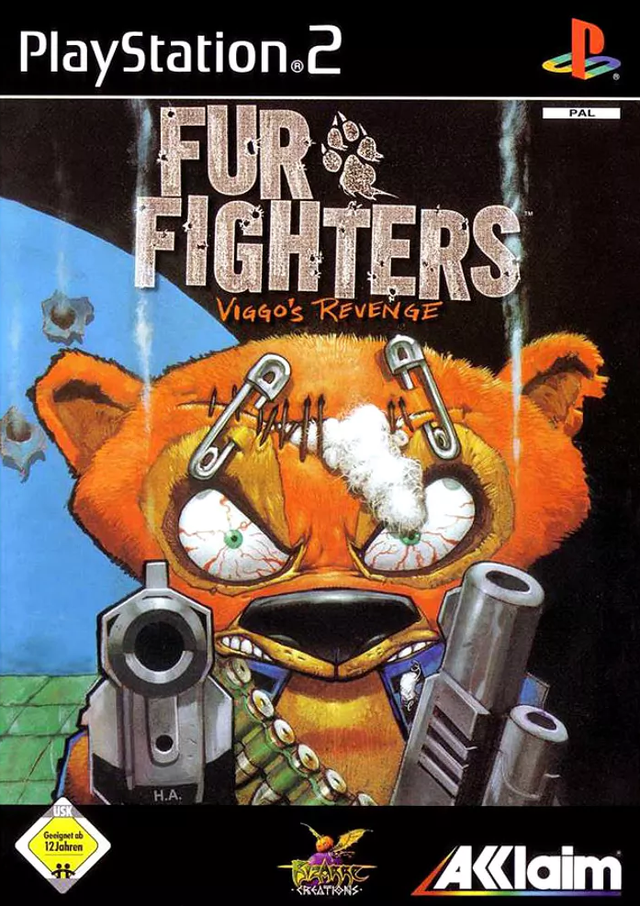 PlayStation 2 Fur Fighters Viggo's Revenge van Acclaim, doos voorkant met een boze knuffelbeer met pistolen, tweedehands