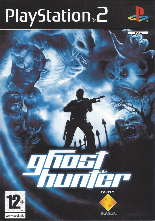 PlayStation 2 Ghosthunter van Sony, doos voorkant met een figuur met een pistool tussen geesten, tweedehands