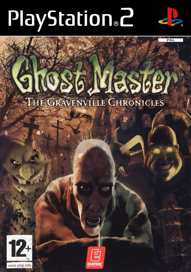 PlayStation 2 Ghostmaster The Gravenville Chronicles van Empire, doos voorkant met spoken op een kerkhof, tweedehands