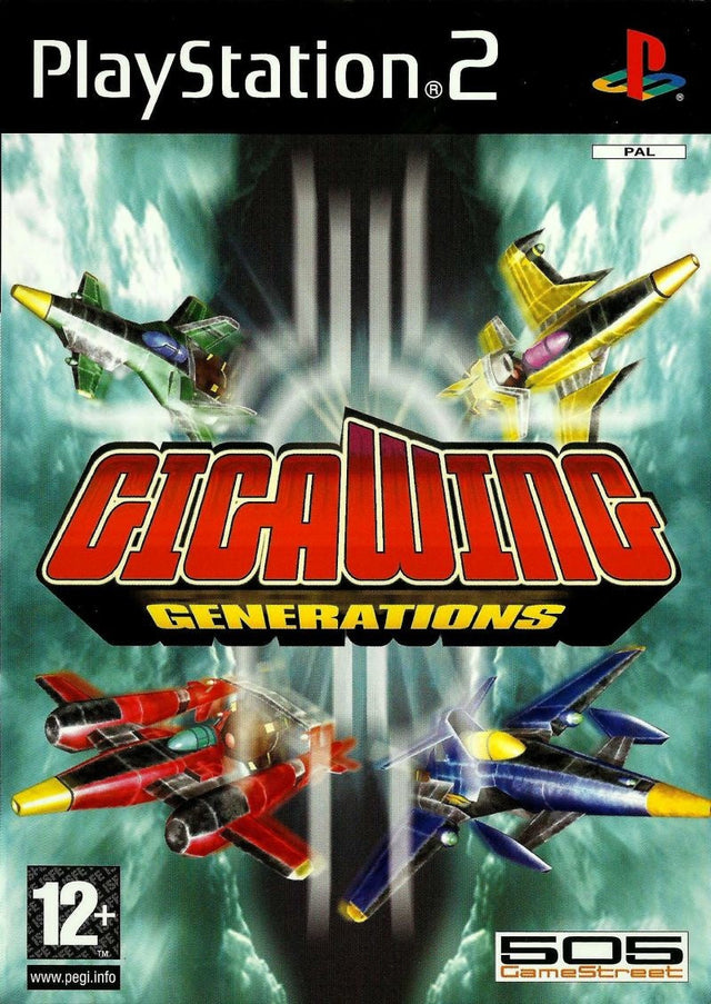PlayStation 2 Giga Wing Generations van 505 GameStreet, doos voorkant met gevechtsvliegtuigen, tweedehands