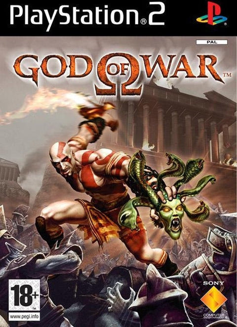 PlayStation 2 God of War van Sony, doos voorkant met Kratos en het hoofd van Medusa, tweedehands