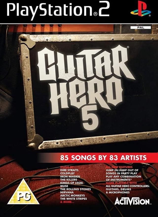 PlayStation 2 Guitar Hero 5 van Activision, doos voorkant met een flightcase en de lijst met artiesten, tweedehands