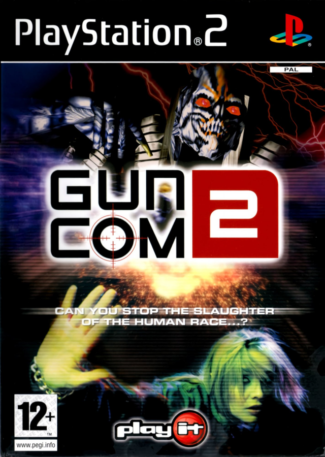 PlayStation 2 Guncom 2 van Play It, doos voorkant met een monster en een vrouw in groen licht, tweedehands