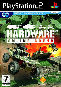 PlayStation 2 Hardware Online Arena van Sony, doos voorkant met een gevechtsbuggy en tanks, tweedehands