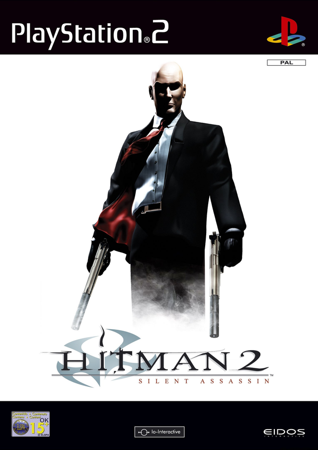 PlayStation 2 Hitman 2 Silent Assassin van Eidos, doos voorkant met een kale huurmoordenaar met twee pistolen, tweedehands