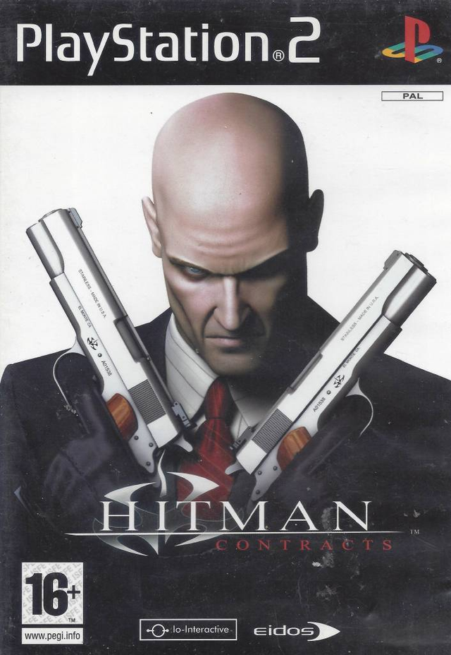PlayStation 2 Hitman Contracts van Eidos, doos voorkant met een kale man met twee pistolen, tweedehands