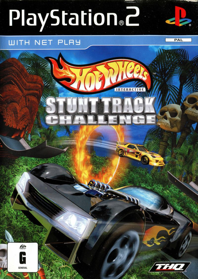 PlayStation 2 Hot Wheels Stunt Track Challenge van THQ, Australische doos voorkant met een zwarte raceauto, tweedehands
