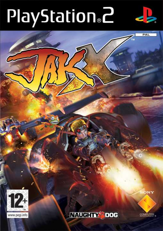 PlayStation 2 Jak X van Naughty Dog, doos voorkant met een racewagen in een explosie, tweedehands