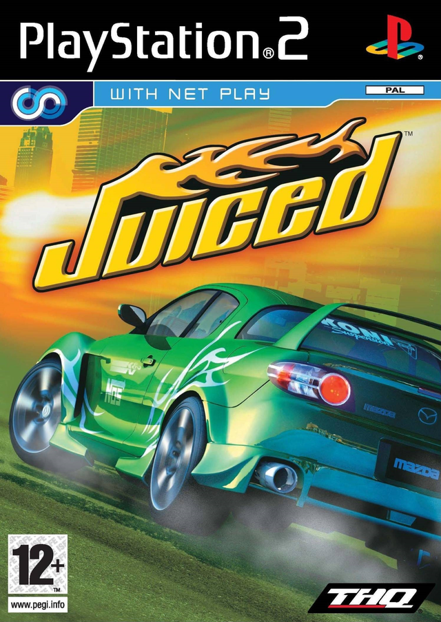 PlayStation 2 Juiced van THQ, doos voorkant met een groene Mazda-sportwagen in een stad, tweedehands