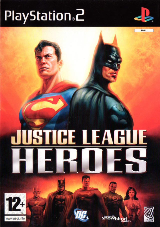 PlayStation 2 Justice League Heroes, doos voorkant met Superman en Batman, tweedehands