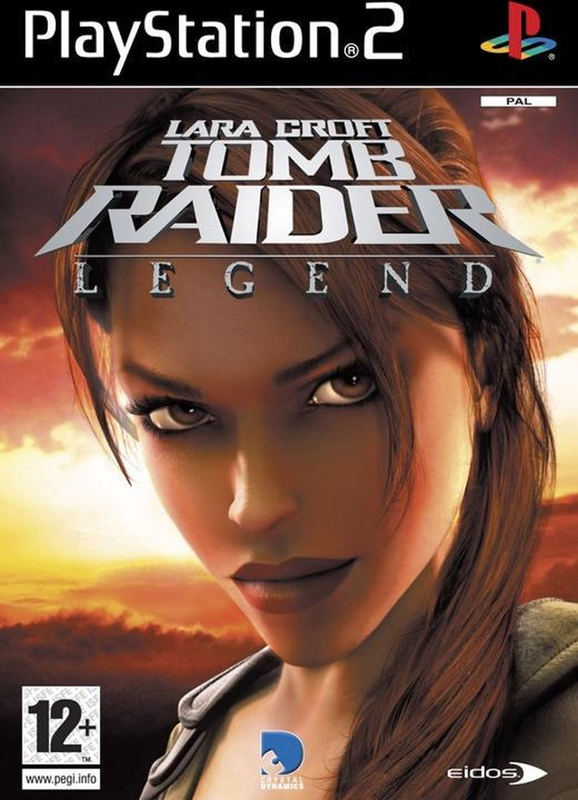 PlayStation 2 Lara Croft Tomb Raider Legend van Eidos, doos voorkant met het gezicht van Lara Croft, tweedehands