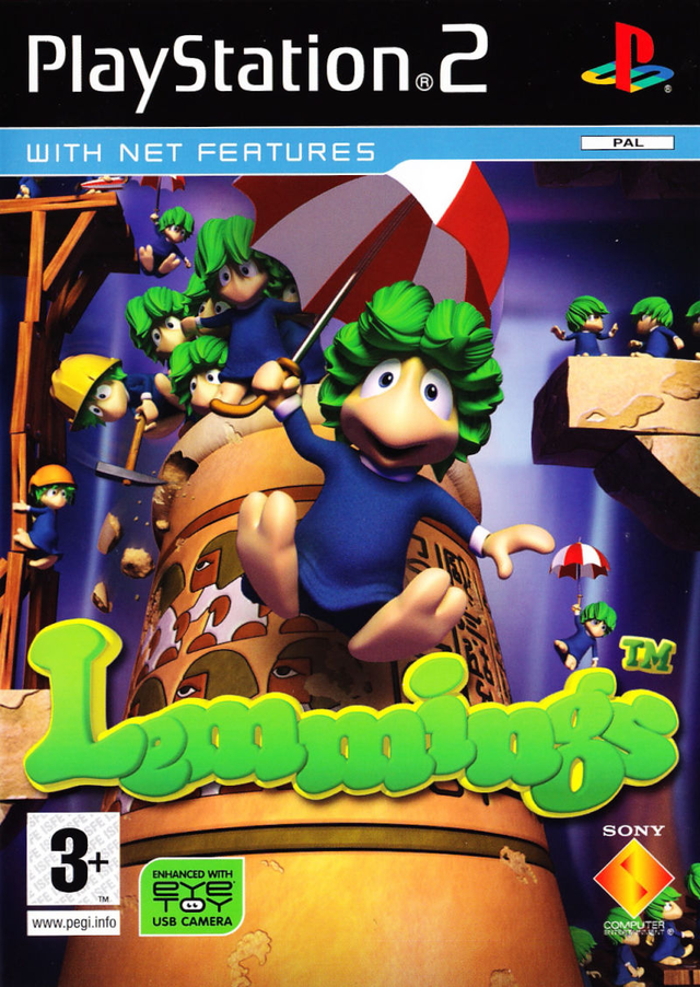 PlayStation 2 Lemmings van Sony, doos voorkant met groenharige lemmings en een paraplu, tweedehands