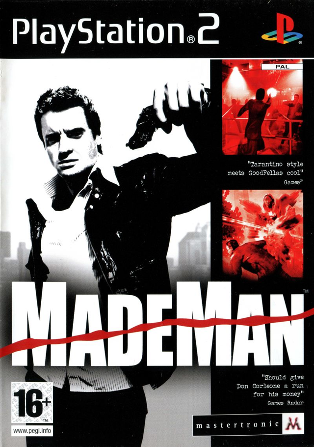 PlayStation 2 Made Man van Mastertronic, zwart-witte doos voorkant met een man met pistool, tweedehands