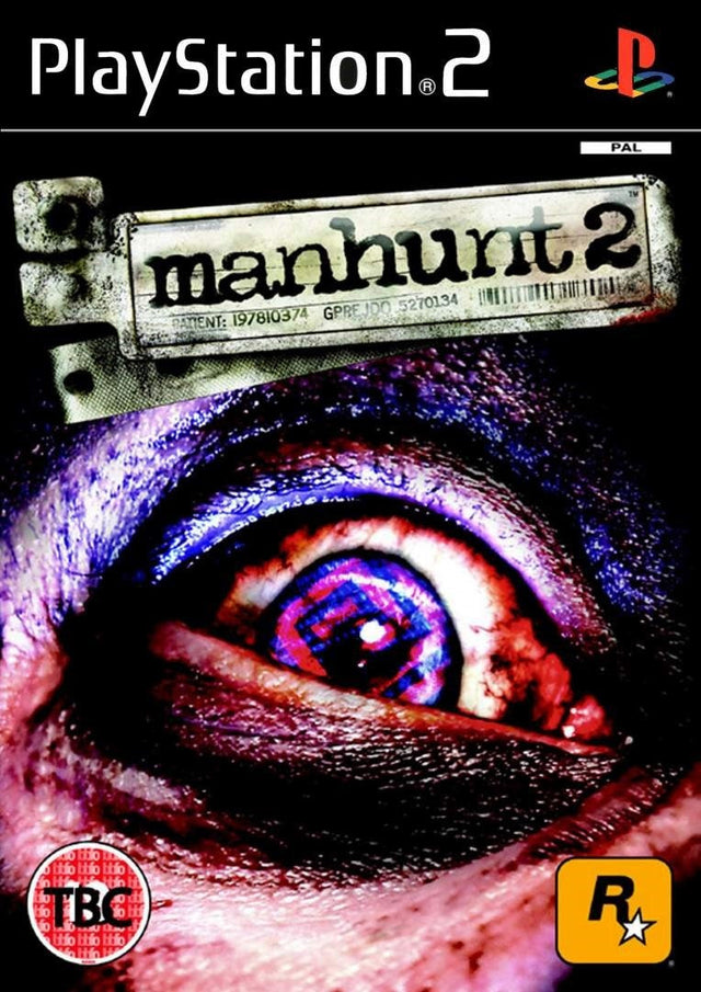 PlayStation 2 Manhunt 2 van Rockstar Games, doos voorkant met een bloeddoorlopen oog, tweedehands