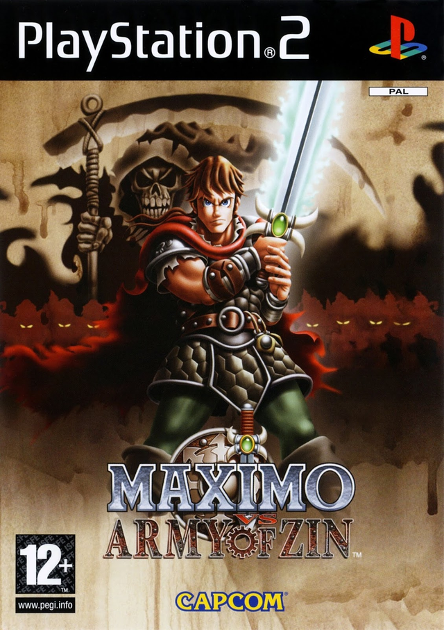 PlayStation 2 Maximo vs. Army of Zin van Capcom, doos voorkant met een ridder met zwaard en een zeisman, tweedehands