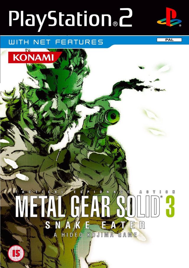 PlayStation 2 Metal Gear Solid 3 Snake Eater van Konami, Britse doos voorkant met Snake in camouflage, tweedehands