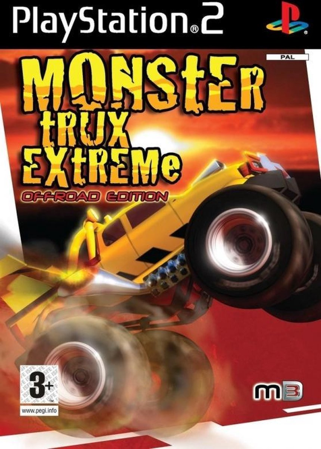 PlayStation 2 Monster Trux Extreme Offroad Edition, doos voorkant met een gele monstertruck, tweedehands