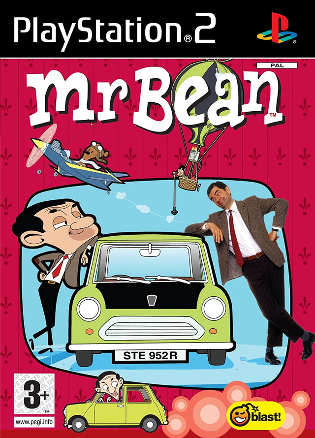 PlayStation 2 Mr. Bean van Blast, roze doos voorkant met Mr. Bean en zijn groene Mini, tweedehands