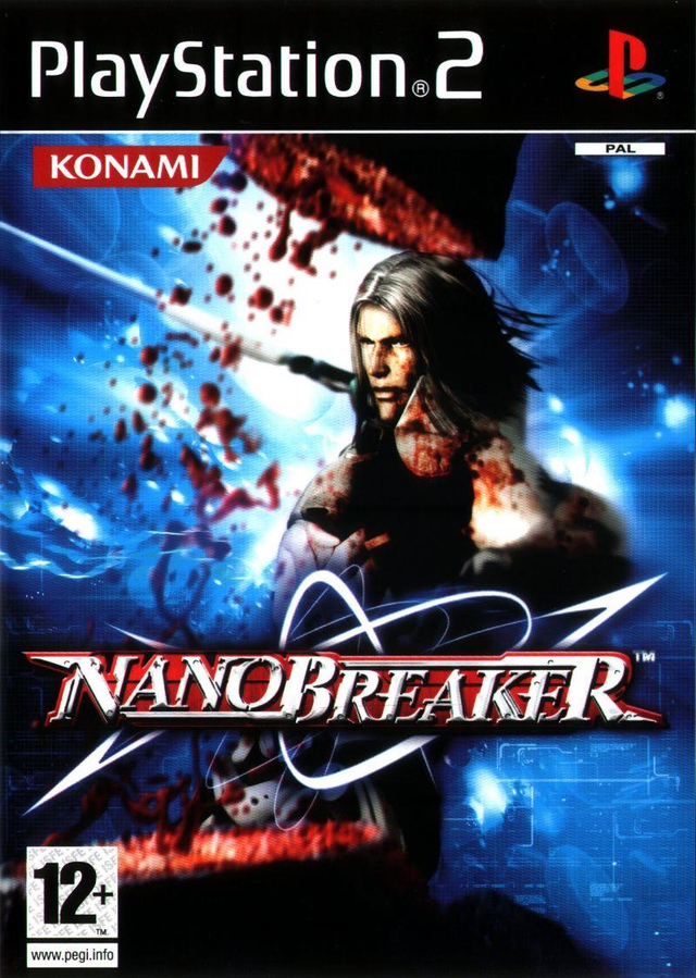 PlayStation 2 Nanobreaker van Konami, doos voorkant met een strijder met lang haar en bloedspatten, tweedehands