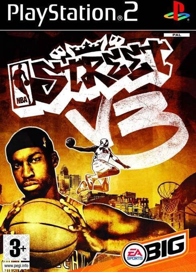 PlayStation 2 NBA Street Vol 3 van EA Sports BIG, doos voorkant met een basketballer en een dunkende speler, tweedehands