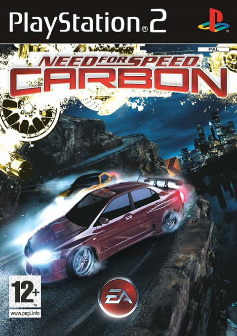 PlayStation 2 Need for Speed Carbon van EA, doos voorkant met een rode auto op een bergweg, tweedehands