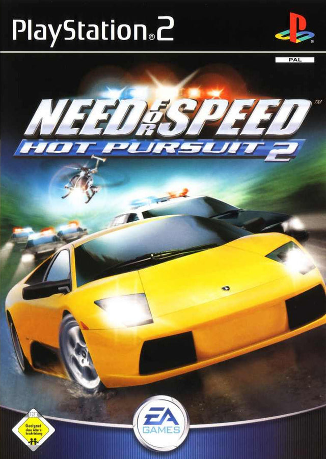 PlayStation 2 Need for Speed Hot Pursuit 2 van EA Games, doos voorkant met gele Lamborghini en politieauto's, tweedehands