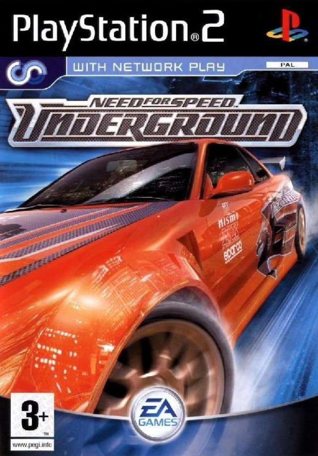 PlayStation 2 Need for Speed Underground van EA Games, doos voorkant met een oranje Nissan 350Z, tweedehands